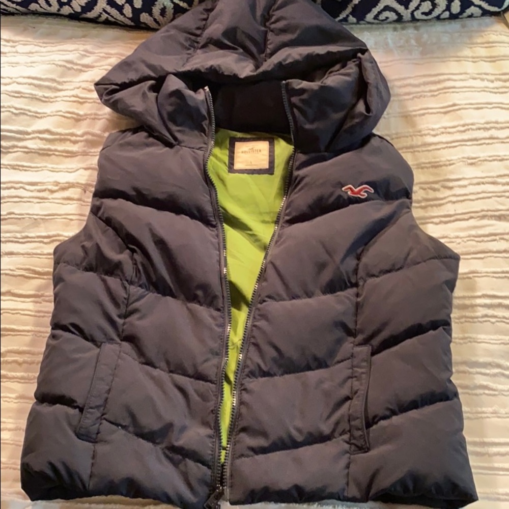 Hollister navy blue and green puffer vest w/ hood